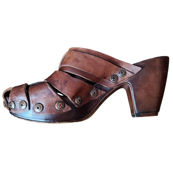 MOMA Italian Brown Leather Woven Platform Mules Size 38 Side Buckle Y2K Style - Picture 6 of 11